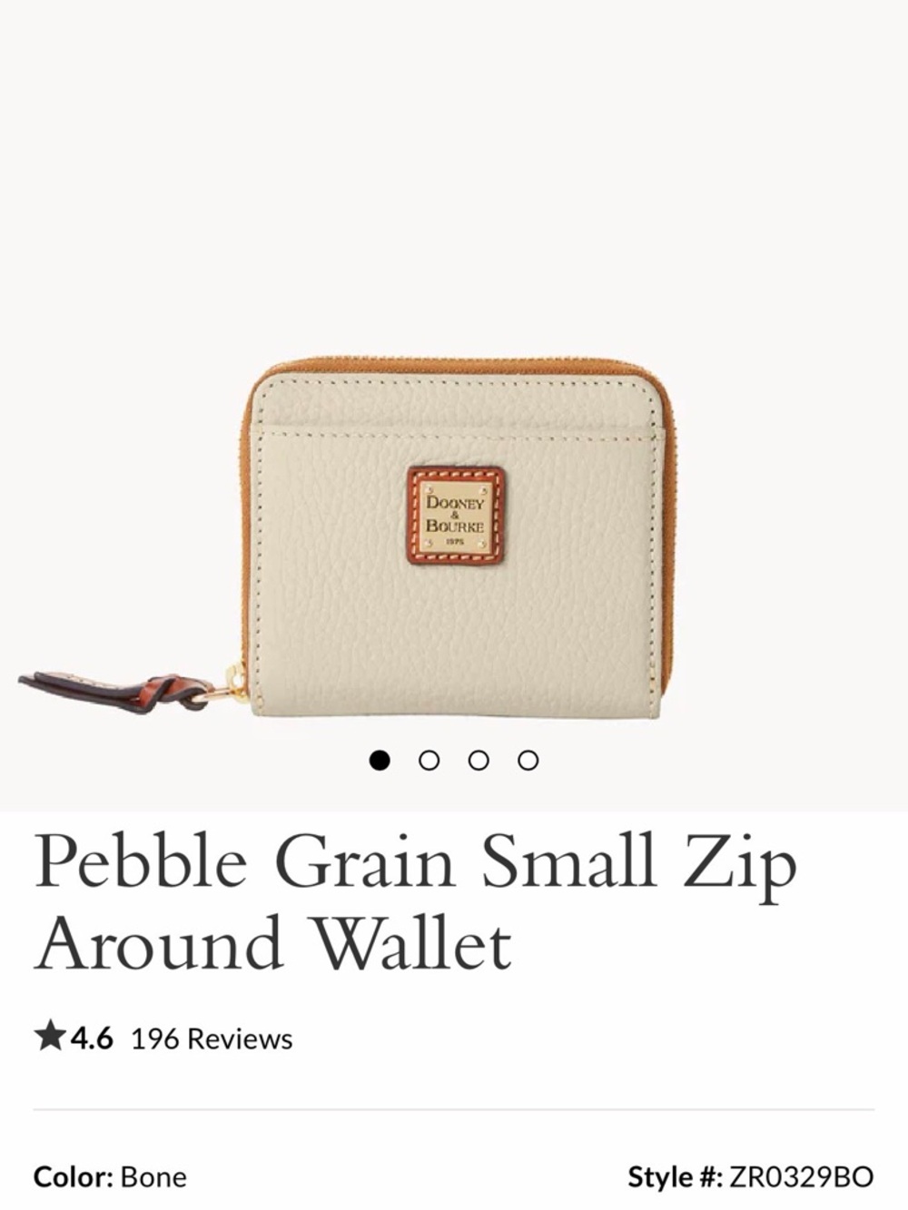 Dooney & Bourke Bone Pebble Grain Small Zip Around Wallet with Tan Trim